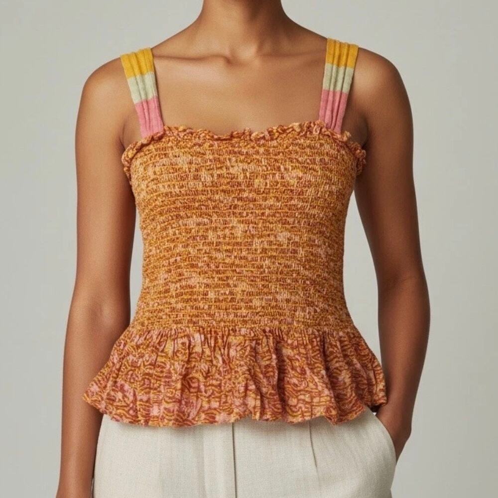 Scotch & Soda Sunseeker Smocked Seersucker Tank Top Women's XL Yellow Orange